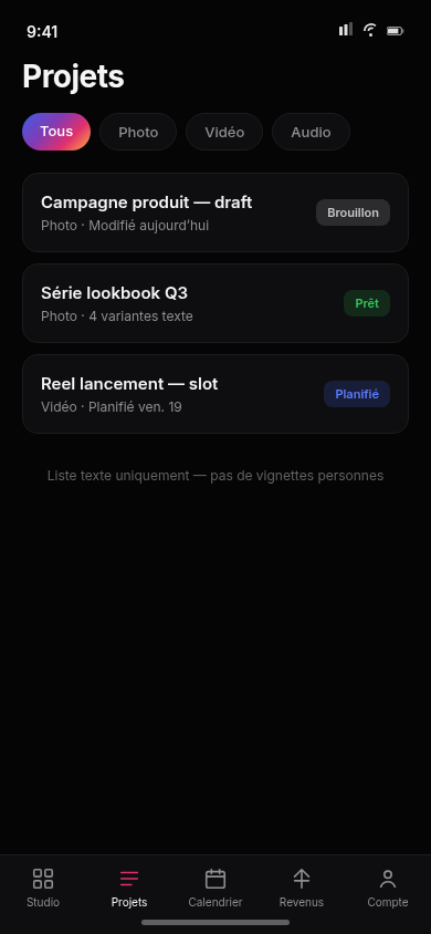 Projets — liste (UI)